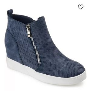 Journee Collection Pennelope Blue Laser Cut Zipper Top Wedge Sneakers